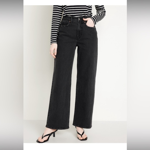 Curvy Extra High Waisted Wide Leg Jeans Tall Long Washed Black Cotton 10 Raw Hem - Picture 1 of 11